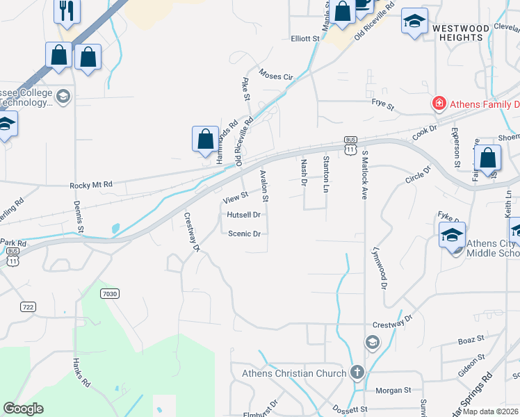 map of restaurants, bars, coffee shops, grocery stores, and more near 1606 Hutsell Drive in Athens