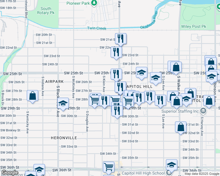 map of restaurants, bars, coffee shops, grocery stores, and more near 929 Southwest 27th Street in Oklahoma City