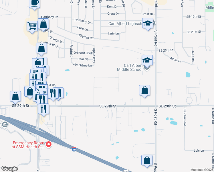 map of restaurants, bars, coffee shops, grocery stores, and more near 9657 Oak Park Drive in Midwest City
