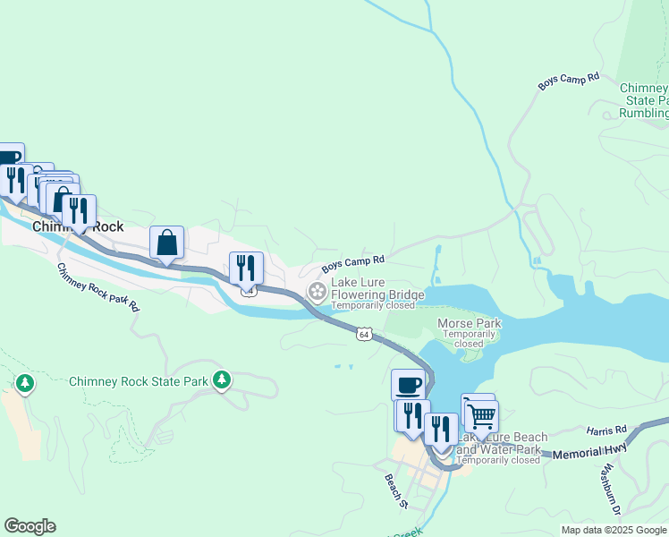 map of restaurants, bars, coffee shops, grocery stores, and more near 160 Boys Camp Road in Lake Lure