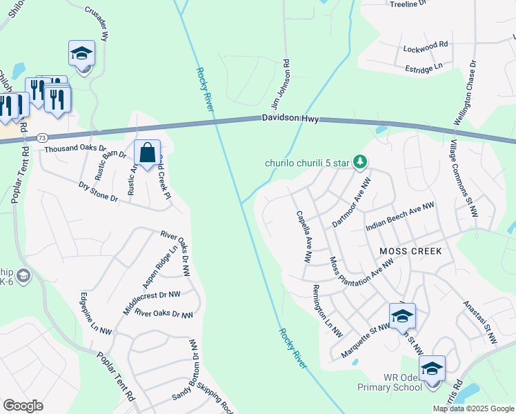 map of restaurants, bars, coffee shops, grocery stores, and more near 9850 Ravenscroft Lane Northwest in Concord