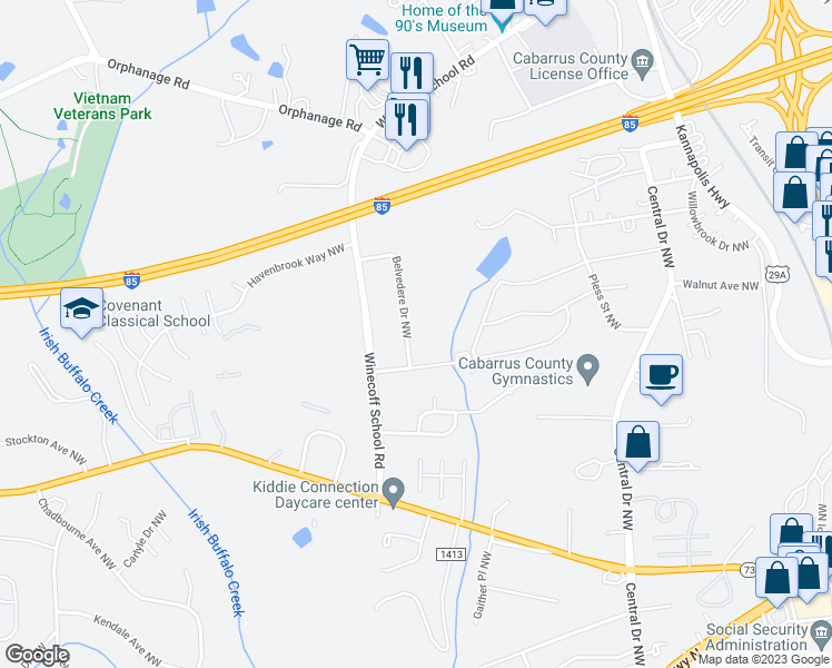map of restaurants, bars, coffee shops, grocery stores, and more near 324 Belvedere Drive Northwest in Concord
