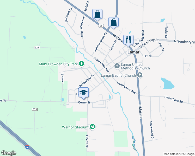 map of restaurants, bars, coffee shops, grocery stores, and more near 35 East Quarry Street in Lamar