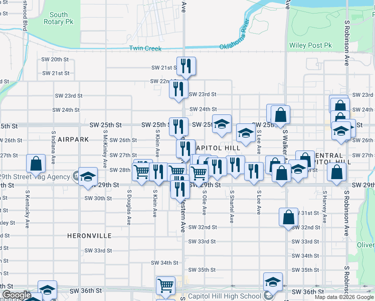 map of restaurants, bars, coffee shops, grocery stores, and more near 2726 South Western Avenue in Oklahoma City