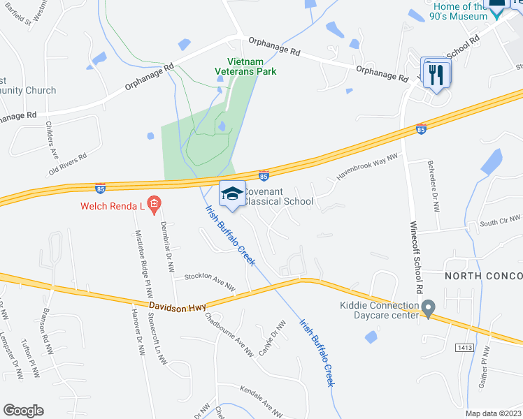 map of restaurants, bars, coffee shops, grocery stores, and more near 1545 Kindred Circle Northwest in Concord