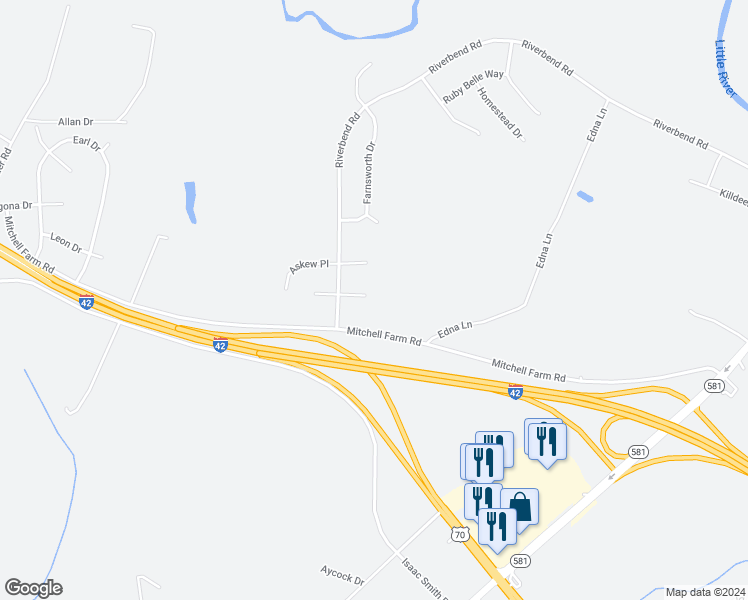 map of restaurants, bars, coffee shops, grocery stores, and more near 106 East Wendy Way in Goldsboro