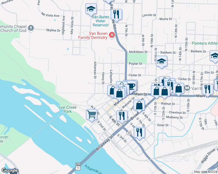 map of restaurants, bars, coffee shops, grocery stores, and more near 19 Lafayette Street in Van Buren