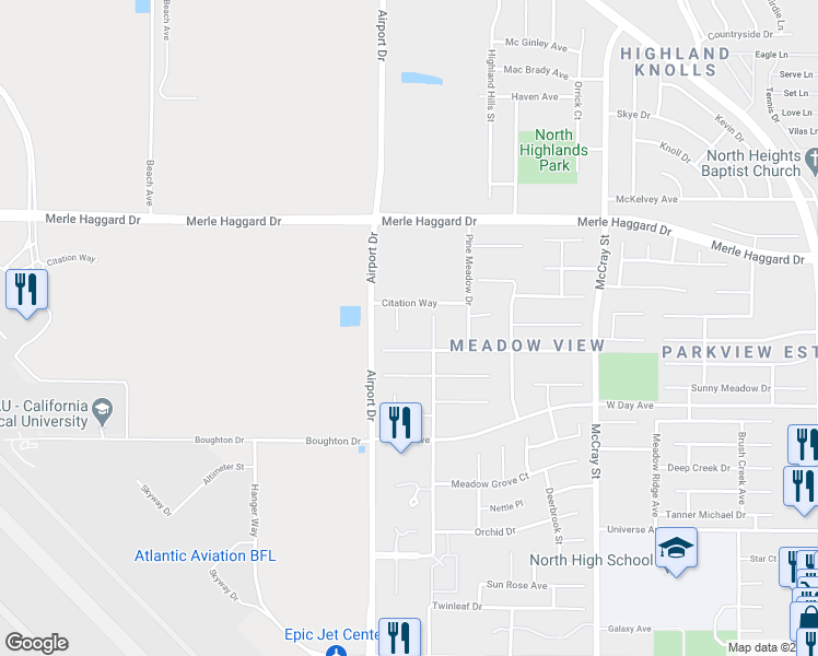 map of restaurants, bars, coffee shops, grocery stores, and more near 3429 Park Meadows Drive in Bakersfield