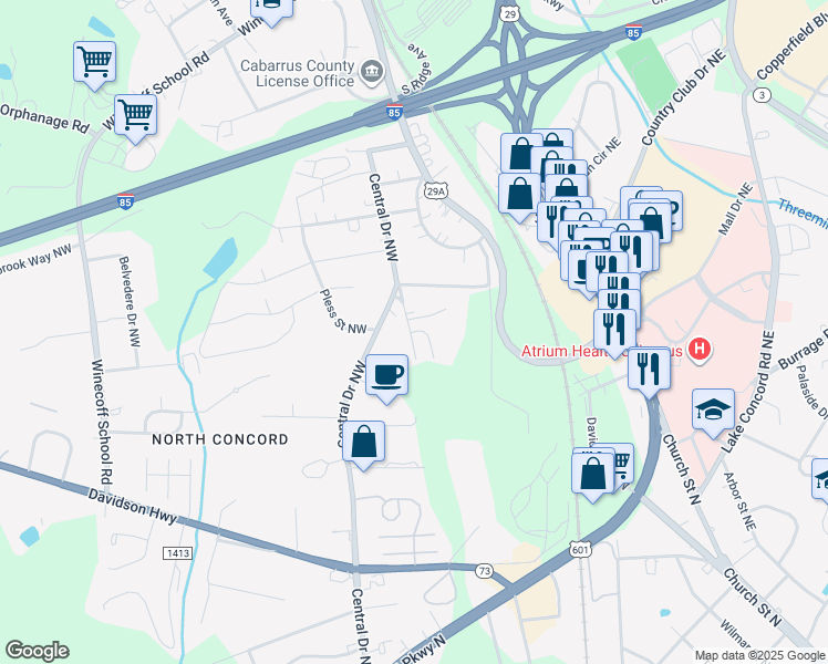 map of restaurants, bars, coffee shops, grocery stores, and more near 1110 Poole Place Northwest in Concord