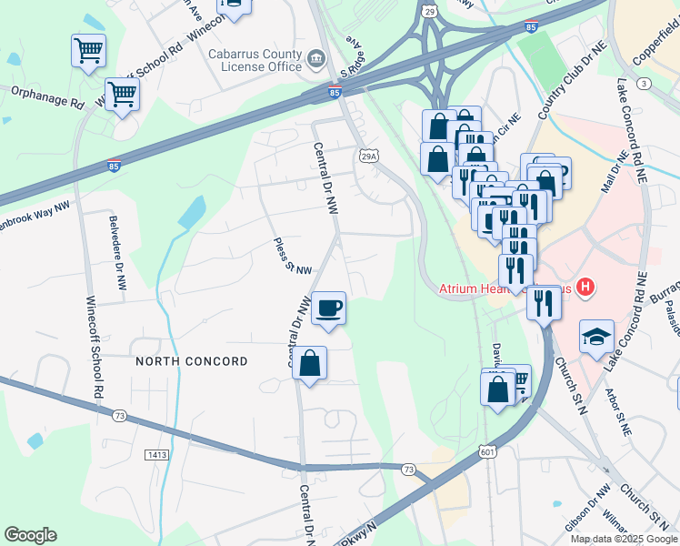 map of restaurants, bars, coffee shops, grocery stores, and more near 1110 Poole Place Northwest in Concord