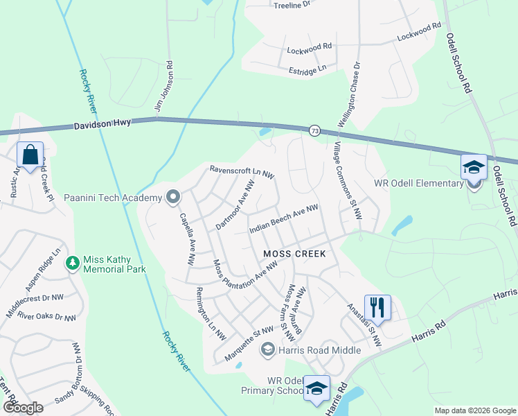 map of restaurants, bars, coffee shops, grocery stores, and more near 9622 Ravenscroft Lane Northwest in Concord