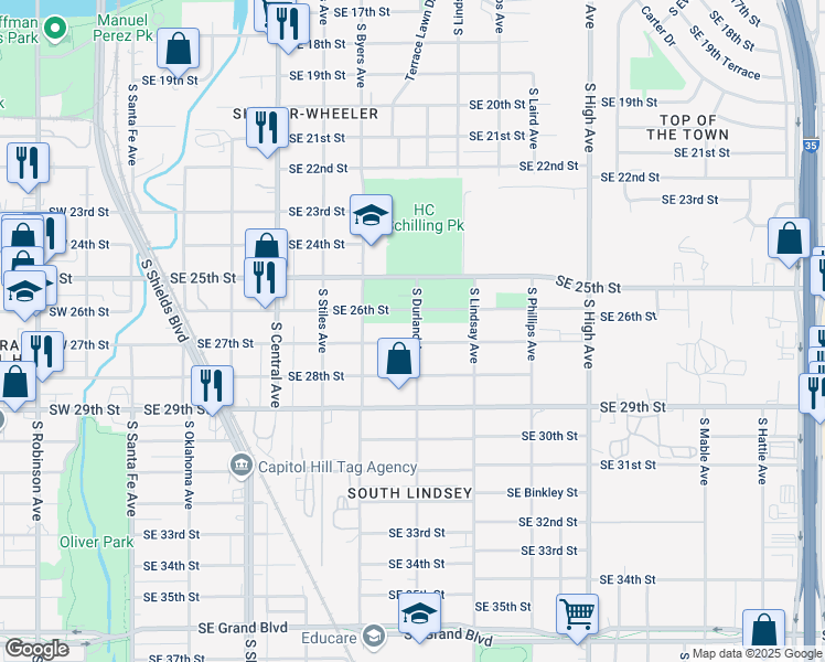 map of restaurants, bars, coffee shops, grocery stores, and more near 543 Southeast 27th Street in Oklahoma City