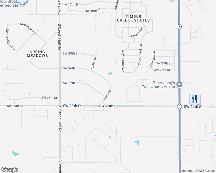 map of restaurants, bars, coffee shops, grocery stores, and more near 11900 Southwest 26th Street in Yukon