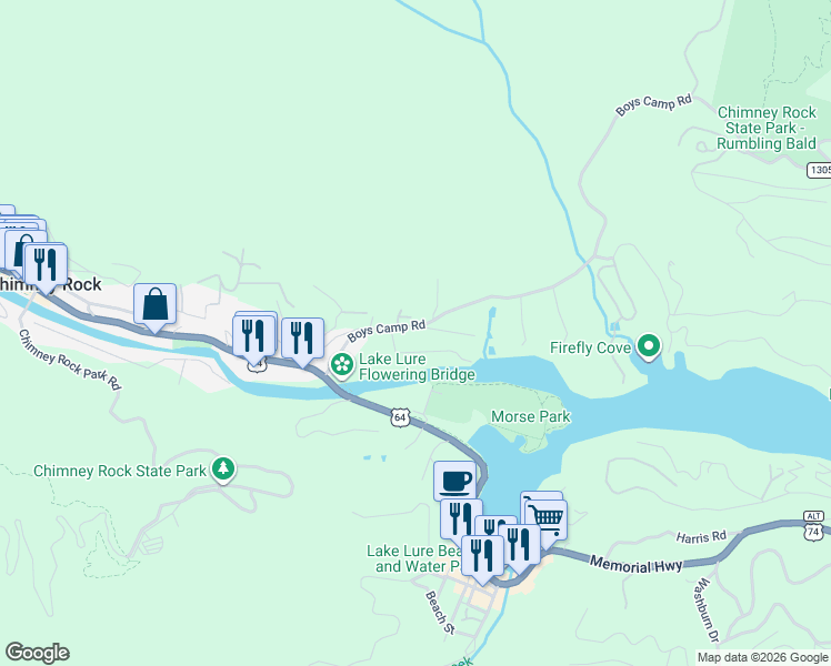 map of restaurants, bars, coffee shops, grocery stores, and more near 120 Church Street in Lake Lure