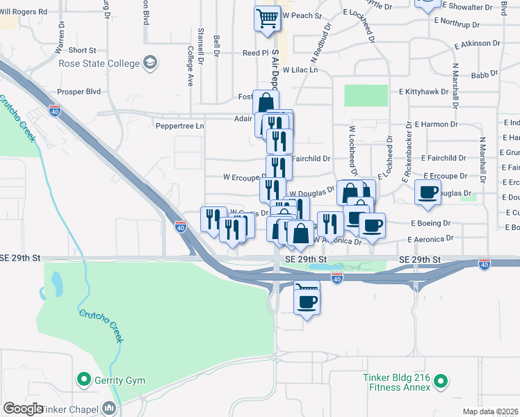 map of restaurants, bars, coffee shops, grocery stores, and more near 407 West Curtis Drive in Midwest City