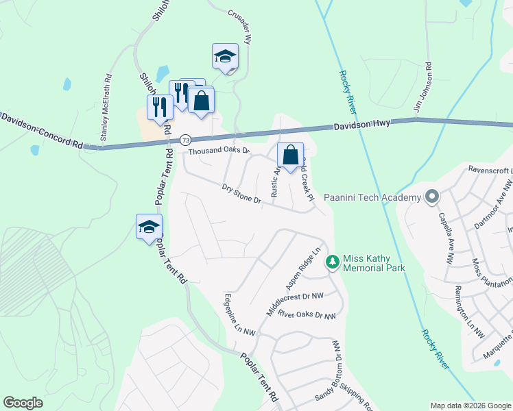 map of restaurants, bars, coffee shops, grocery stores, and more near 10917 Dry Stone Drive in Huntersville