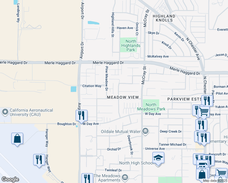 map of restaurants, bars, coffee shops, grocery stores, and more near 3437 Floral Meadow Drive in Bakersfield
