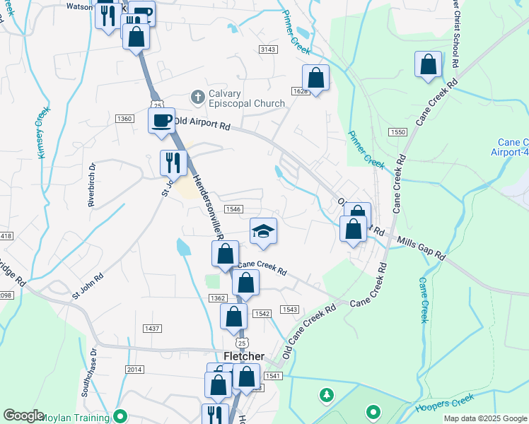 map of restaurants, bars, coffee shops, grocery stores, and more near 108 Old Salem Court in Fletcher