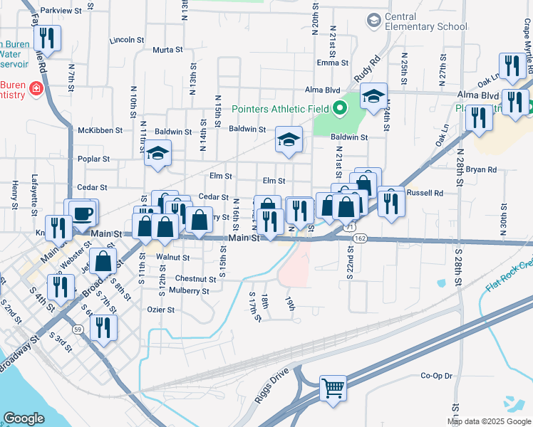 map of restaurants, bars, coffee shops, grocery stores, and more near 1724 Cherry Street in Van Buren