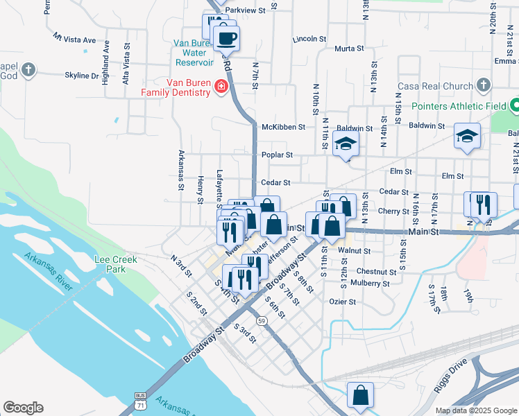 map of restaurants, bars, coffee shops, grocery stores, and more near 15 Fayetteville Road in Van Buren