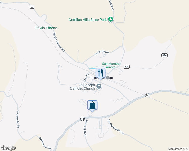 map of restaurants, bars, coffee shops, grocery stores, and more near 44 Main Street in Los Cerrillos