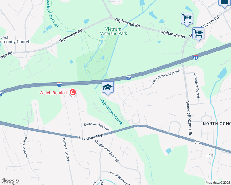 map of restaurants, bars, coffee shops, grocery stores, and more near 1542 Kindred Circle Northwest in Concord