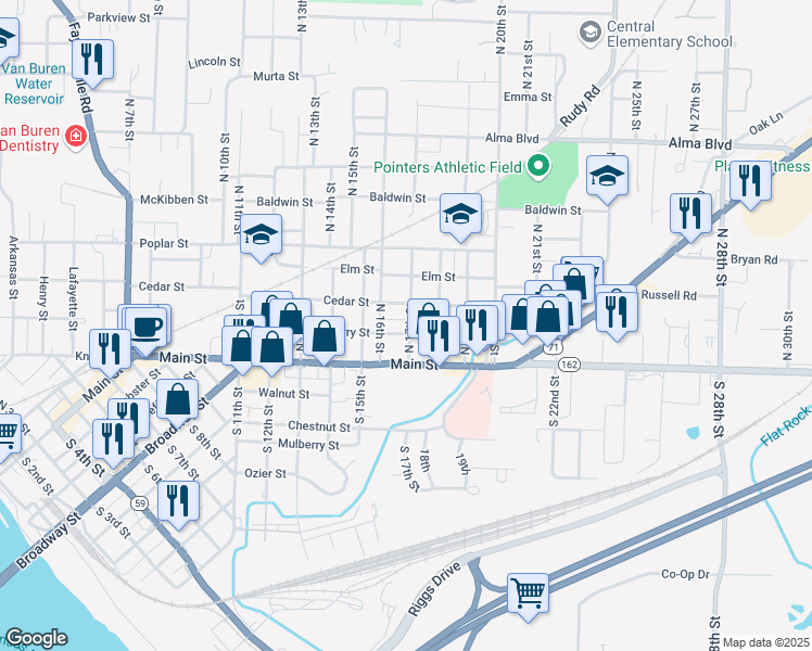 map of restaurants, bars, coffee shops, grocery stores, and more near 1621 Cherry Street in Van Buren