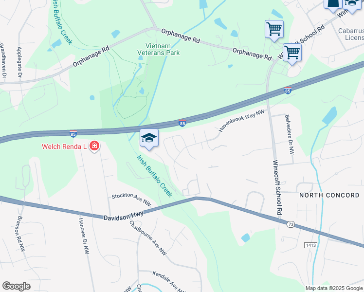 map of restaurants, bars, coffee shops, grocery stores, and more near 1453 Kindred Circle Northwest in Concord