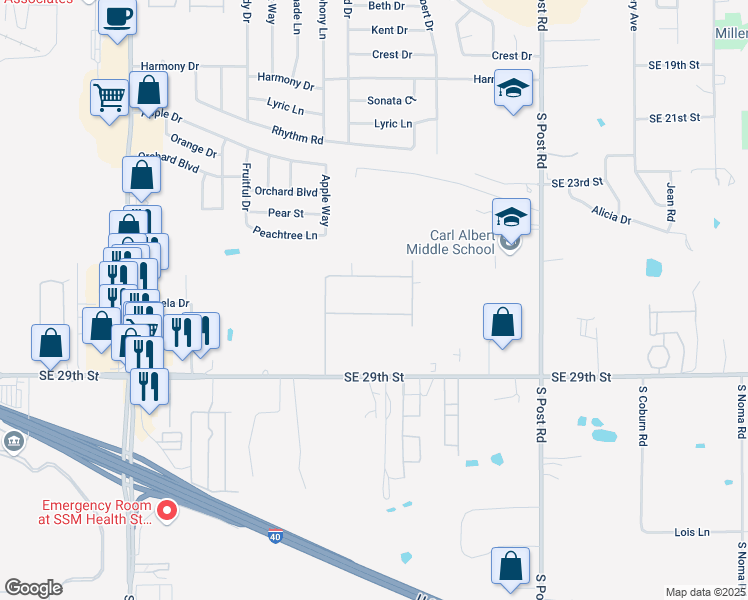 map of restaurants, bars, coffee shops, grocery stores, and more near 9657 Oak Park Drive in Midwest City