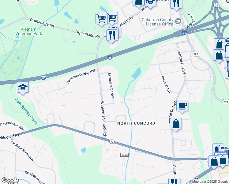 map of restaurants, bars, coffee shops, grocery stores, and more near 328 Belvedere Drive Northwest in Concord