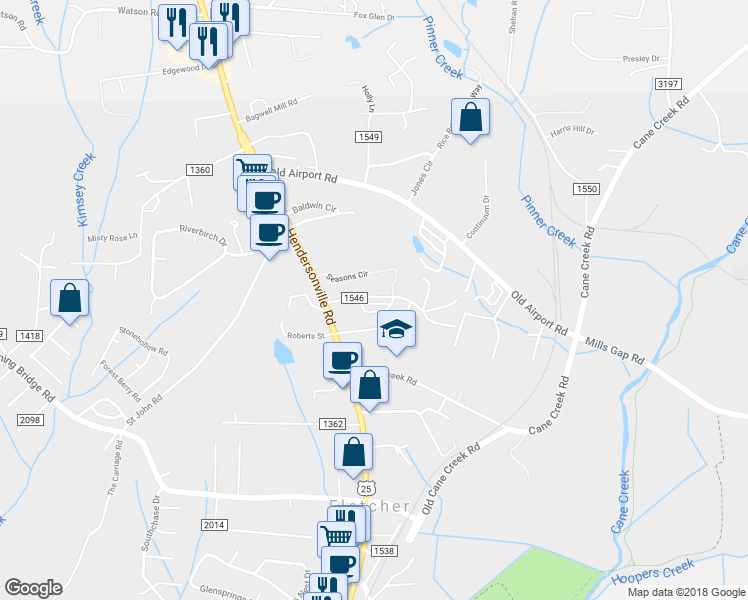 map of restaurants, bars, coffee shops, grocery stores, and more near 31 Singleton Lane in Fletcher