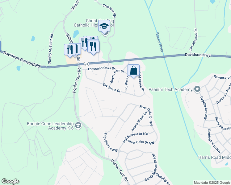map of restaurants, bars, coffee shops, grocery stores, and more near 10925 Dry Stone Drive in Huntersville