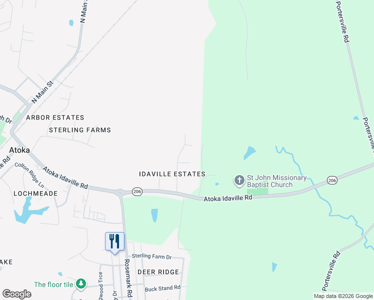 map of restaurants, bars, coffee shops, grocery stores, and more near 230 Mignon Road in Atoka