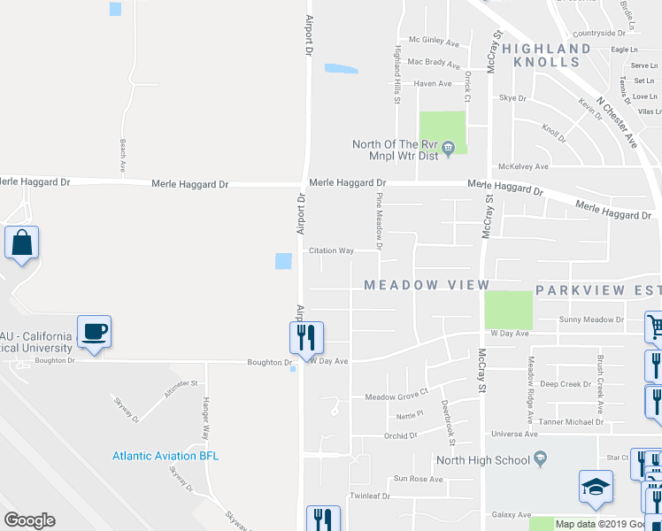 map of restaurants, bars, coffee shops, grocery stores, and more near 3429 Park Meadows Drive in Bakersfield