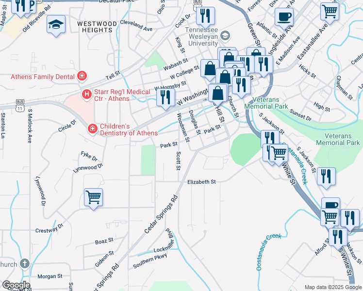 map of restaurants, bars, coffee shops, grocery stores, and more near 311 Scott Street in Athens