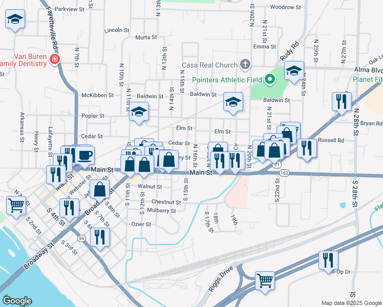map of restaurants, bars, coffee shops, grocery stores, and more near 1602 Cherry Street in Van Buren