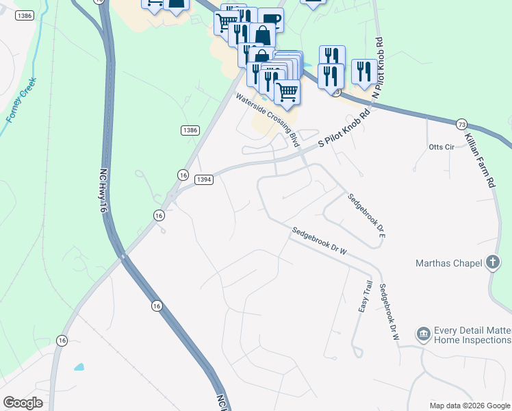 map of restaurants, bars, coffee shops, grocery stores, and more near 7418 Gate Key Court in Stanley