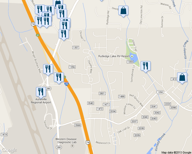map of restaurants, bars, coffee shops, grocery stores, and more near 31 Park Ridge Drive in Fletcher