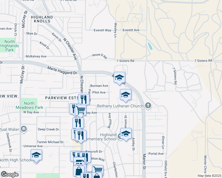 map of restaurants, bars, coffee shops, grocery stores, and more near 3504 Timberline Street in Bakersfield