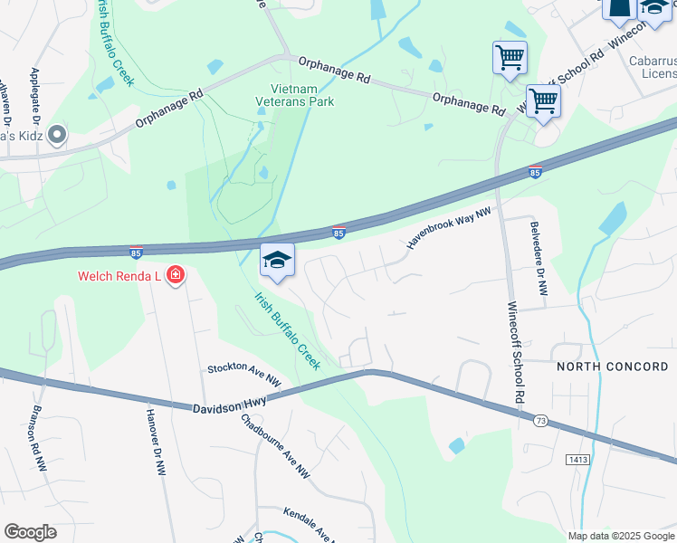 map of restaurants, bars, coffee shops, grocery stores, and more near 1457 Kindred Circle Northwest in Concord