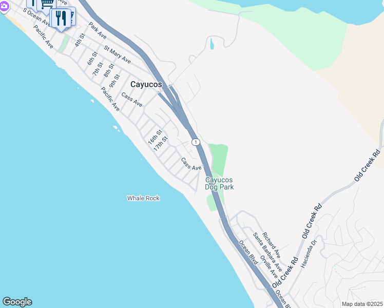 map of restaurants, bars, coffee shops, grocery stores, and more near 2091 Circle Drive in Cayucos