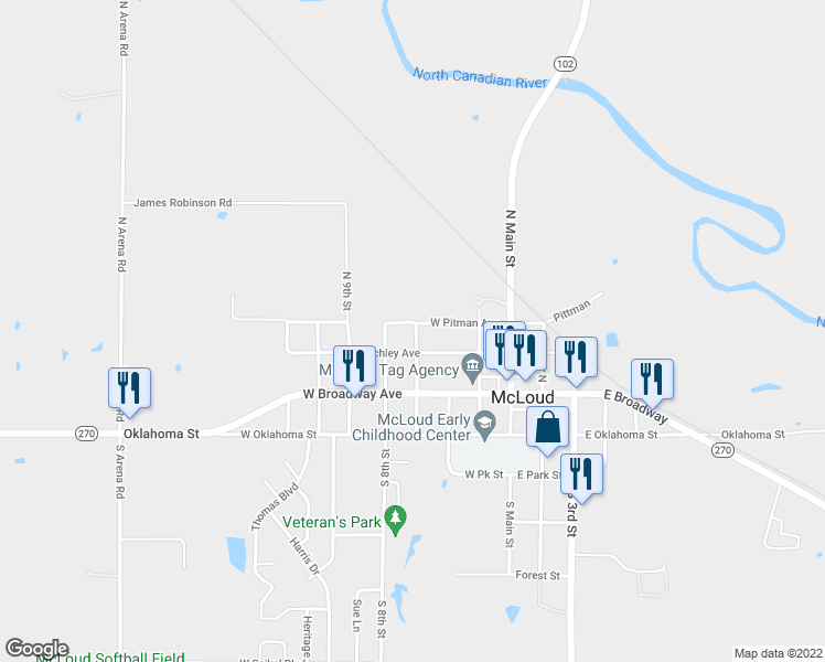 map of restaurants, bars, coffee shops, grocery stores, and more near 204 North 7th Street in McLoud