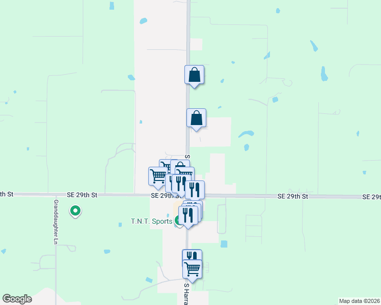 map of restaurants, bars, coffee shops, grocery stores, and more near 2625-2757 South Harrah Road in Harrah