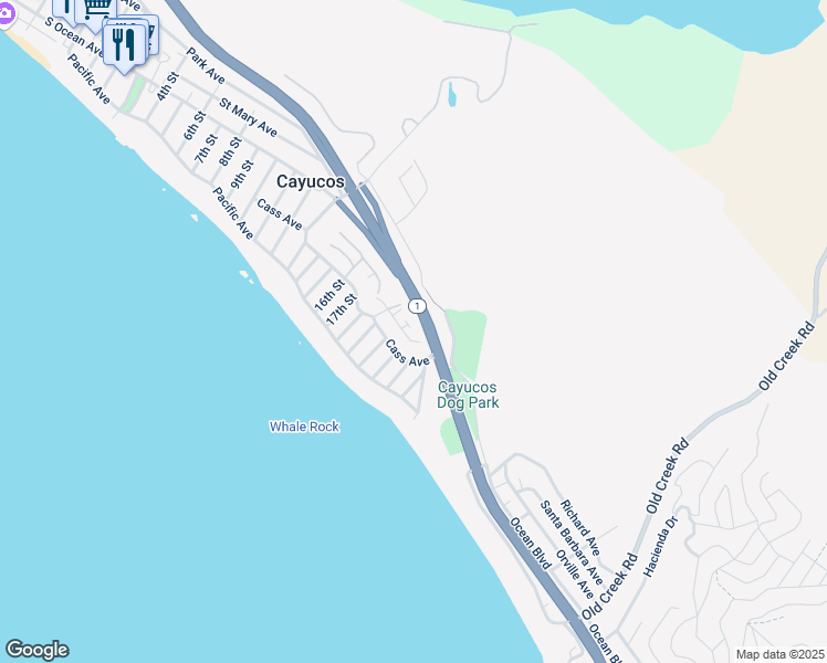 map of restaurants, bars, coffee shops, grocery stores, and more near 2091 Circle Drive in Cayucos