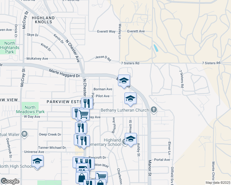 map of restaurants, bars, coffee shops, grocery stores, and more near 3504 Timberline Street in Bakersfield