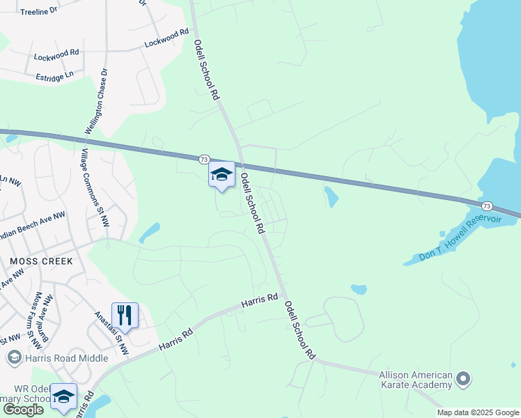 map of restaurants, bars, coffee shops, grocery stores, and more near 1705-1741 Odell School Road in Concord