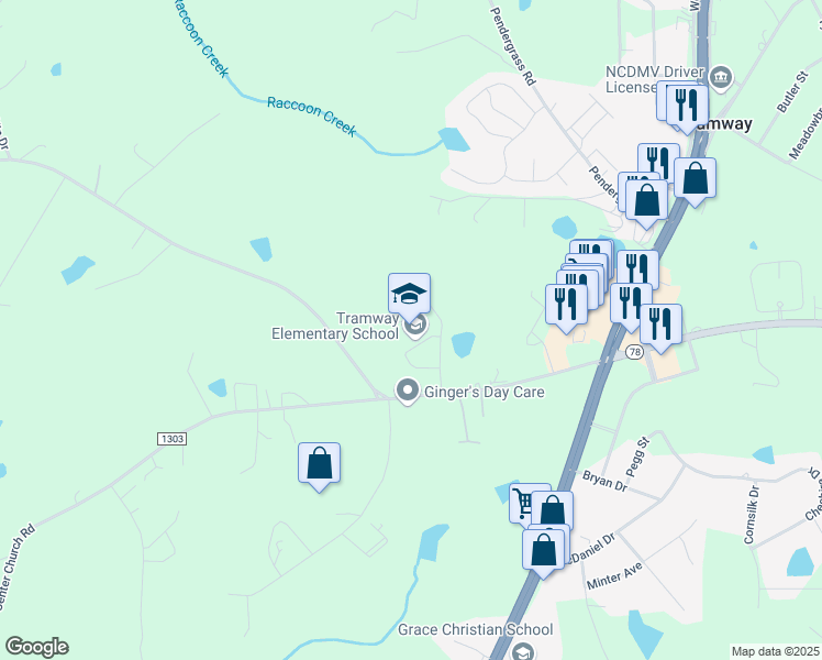 map of restaurants, bars, coffee shops, grocery stores, and more near 360 Center Church Road in Sanford