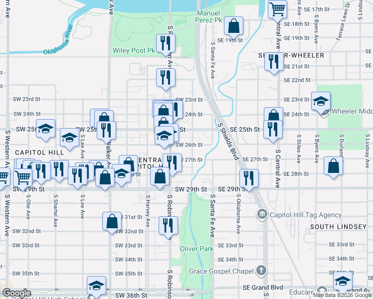 map of restaurants, bars, coffee shops, grocery stores, and more near 115 Southwest 27th Street in Oklahoma City