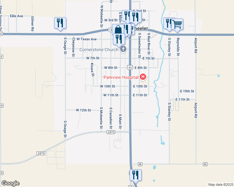 map of restaurants, bars, coffee shops, grocery stores, and more near 1100-1138 South Main Street in Wheeler