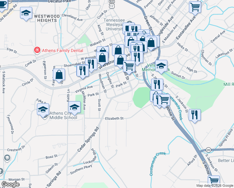 map of restaurants, bars, coffee shops, grocery stores, and more near 407 Glendale Avenue in Athens